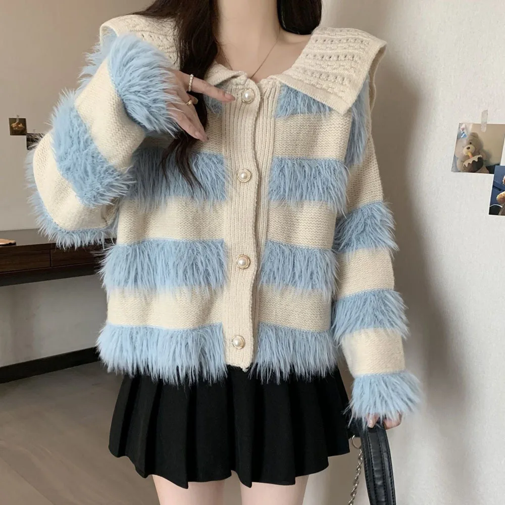 Autumn Winter Korean Turn-down Collar Knit Cardigan Patchwork Fur Stripe Sweater Jacket For Women Soft Cozy Knitted Coat Ladies