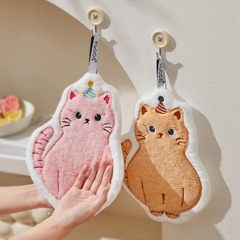 New cute cartoon cat style hand towel for home use, convenient and hanging double-layer thick quick drying absorbent hand towel