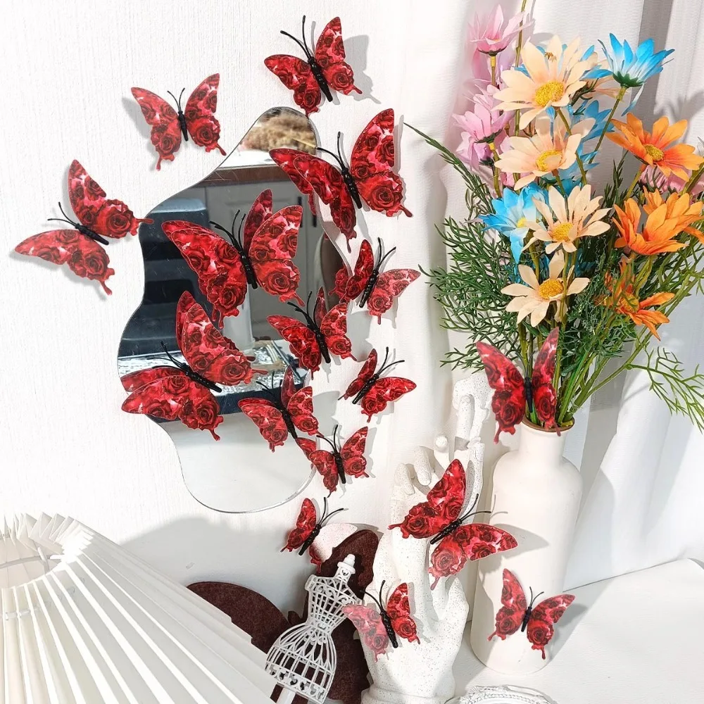 12pcs 3D Rose Butterfly Wall Stickers Self Adhesive Double-Layer Butterfly Wall Art DIY Gift Valentines Day Decals