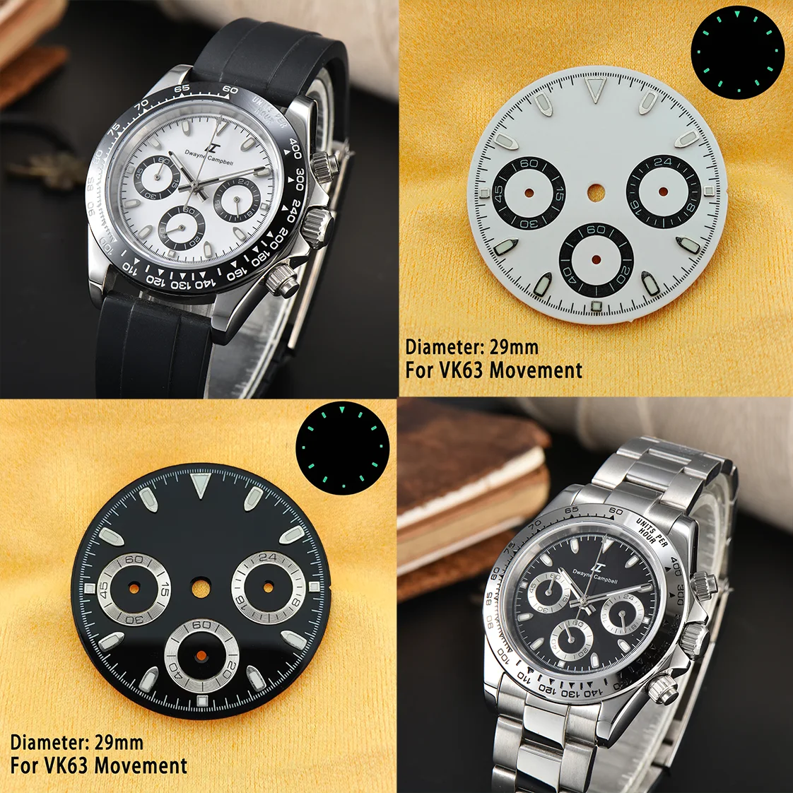 VK63 Dial 29mm Panda dial Racing Watch Dial For VK63 Quartz Movement C3 Luminous VK63 DIY Watch Dial Pointer VK63 Mod Parts