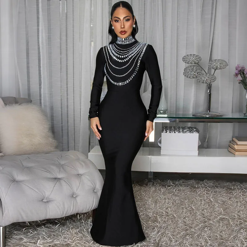 أنيقة كريستال الماس الأسود Bodycon فساتين ماكسي النساء الزفاف المشاهير طويلة الأكمام الياقة المدورة ليلة نادي فستان الحفلات الجلباب