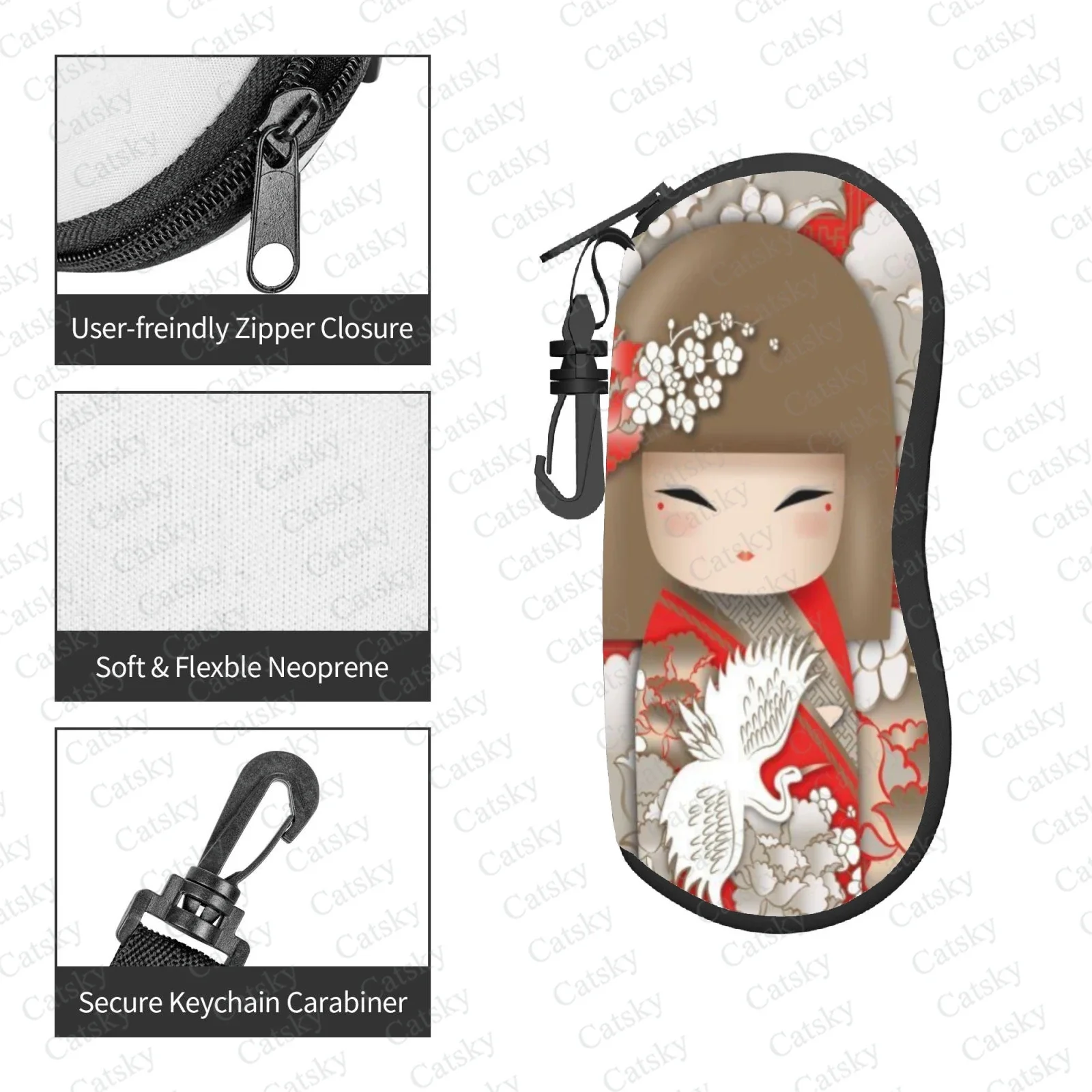 Japanese Red Sakura Kokeshi Doll Glasses case zipper sunglasses bag travel printed soft shell storage glasses case for men women