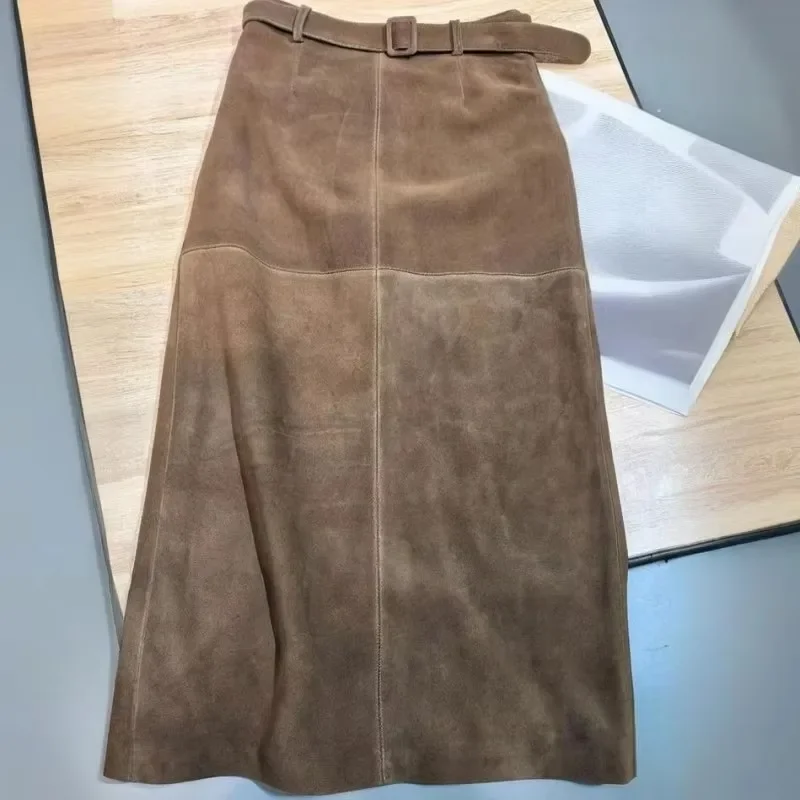 Retro dames effen kleur echt leer suède lange rokken 88cm hoge taille riem schapenvacht handgemaakte knielengte rok vintage