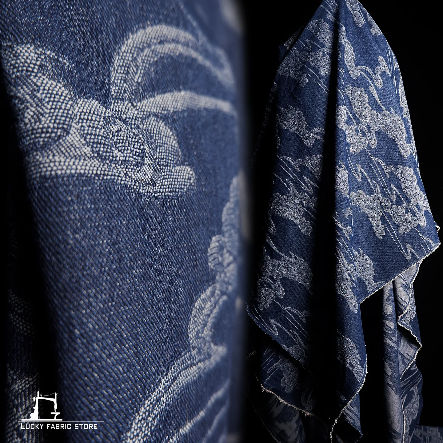 

Blue Chinese-style cloud pattern washed denim fabric for handmade DIY jacquard jackets, autumn and winter designer fabric