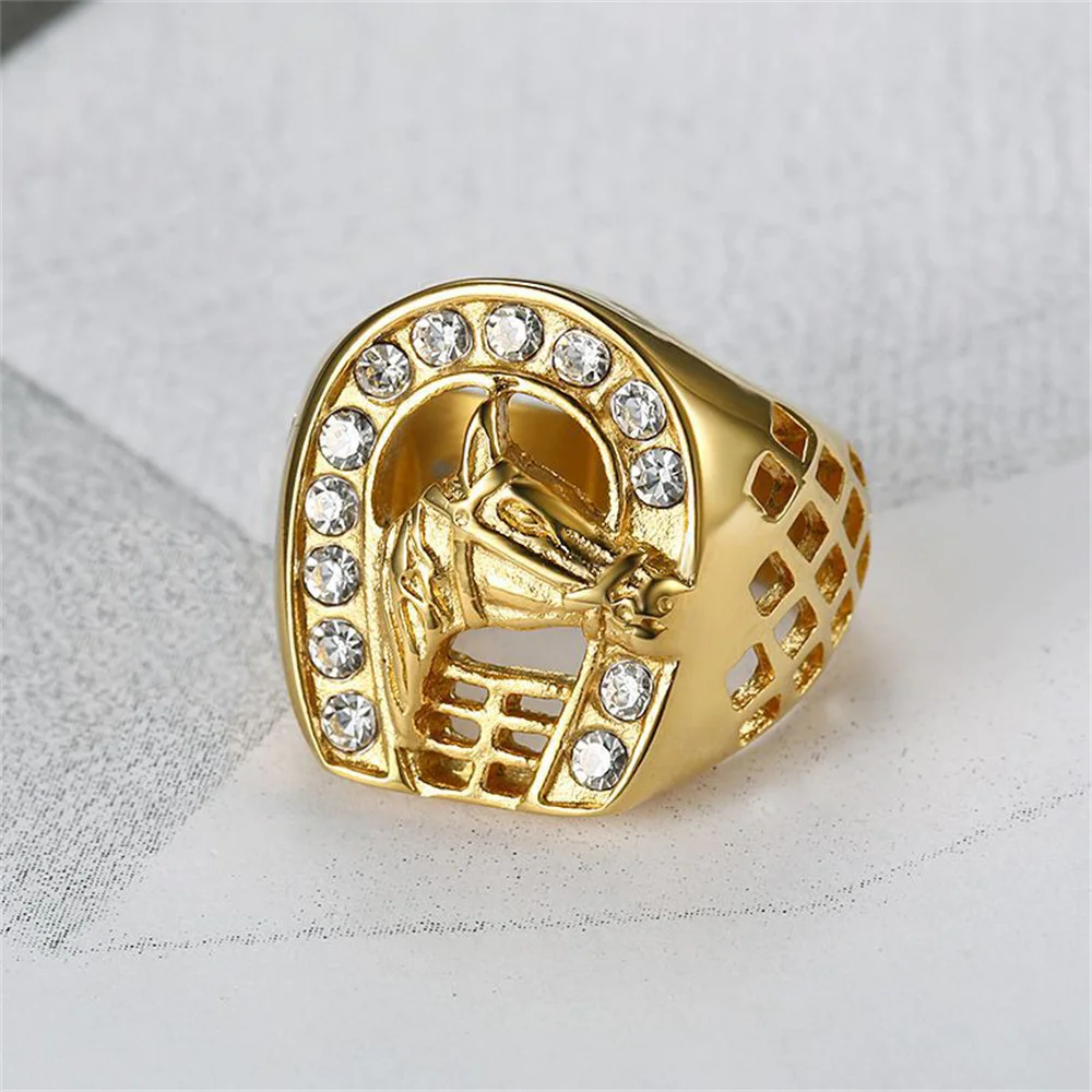 

Hip Hop Iced Out Bling Horse Head Ring Male Gold Color Stinless Steel Cubic Zircon Animal Big Rings For Men Party Jewelry Gift