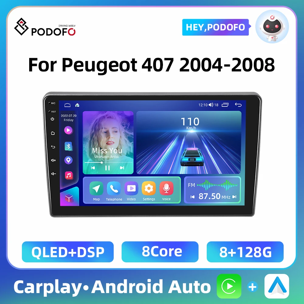 Podofo 4G WIFI Android Car Radio For Peugeot 407 2004-2008 9'' Multimedia Player GPS Carplay Auto 2 Din 8Core 8+128G Bluetooth