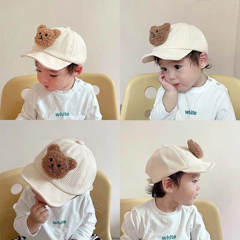 Cartoon Bear Baby Baseball Cap Solid Adjustable Soft-brim Peaked Hat for Kids Autumn Winter Warm Corduroy Infant Toddler Hats 모자