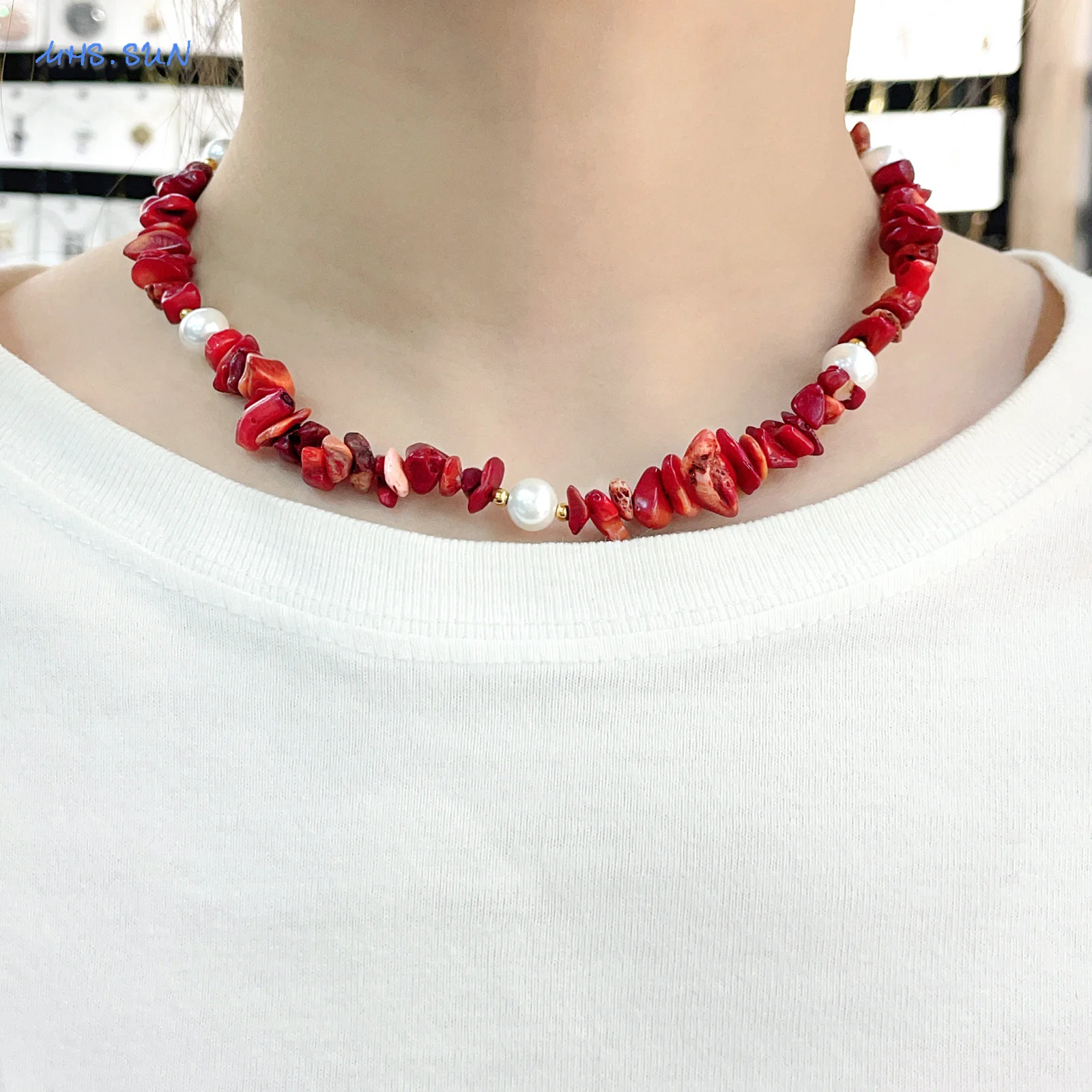 MHS.SUN Fashion Boho Red Gravel Jewelry Set Irregular Coral White Pearl Beaded Necklace Bracelet Women Waterproof Choker Bangle
