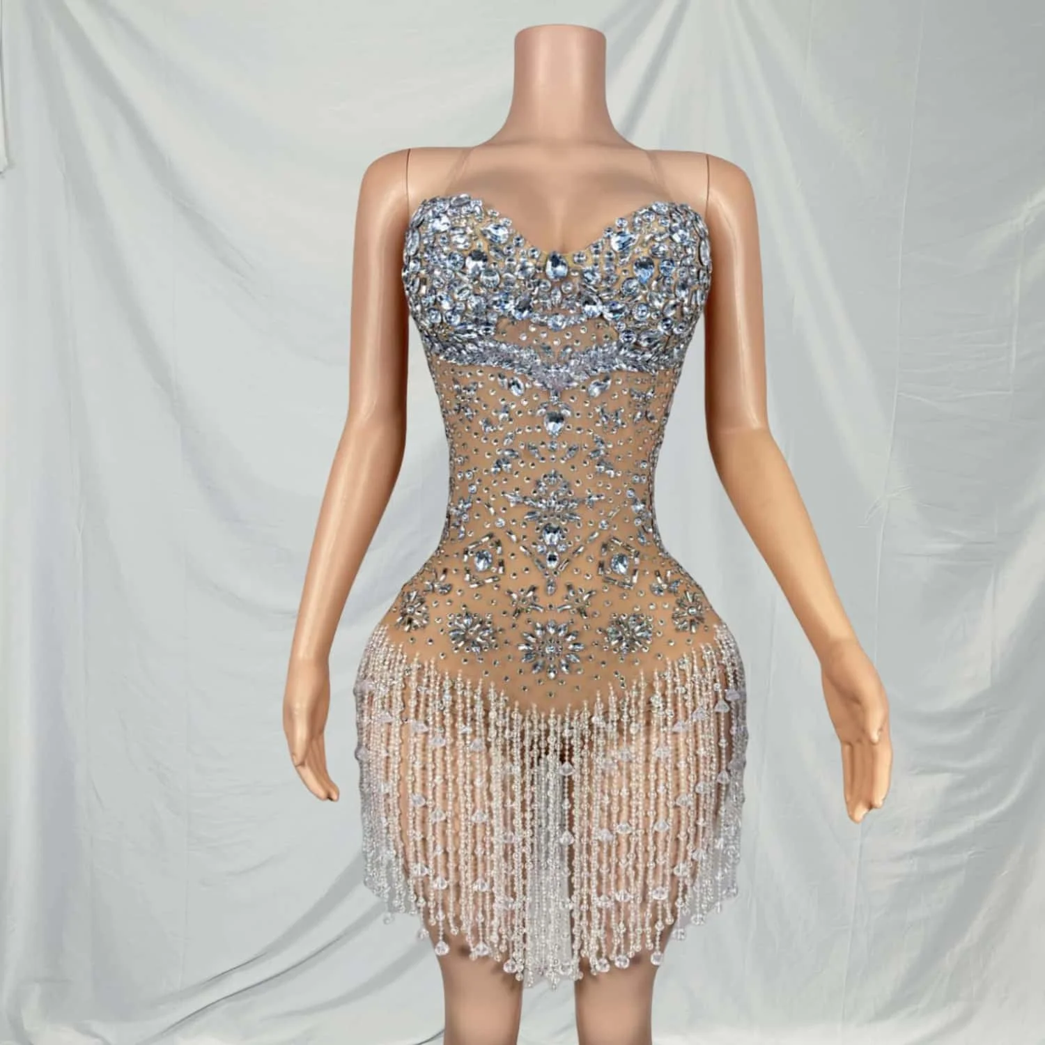 Yunshi Sparkly Diamonds Pearls Fringes Bodysuit for Women Sexy Performance Dance Costume Birthday Dress Singer Dancer Stage Wear