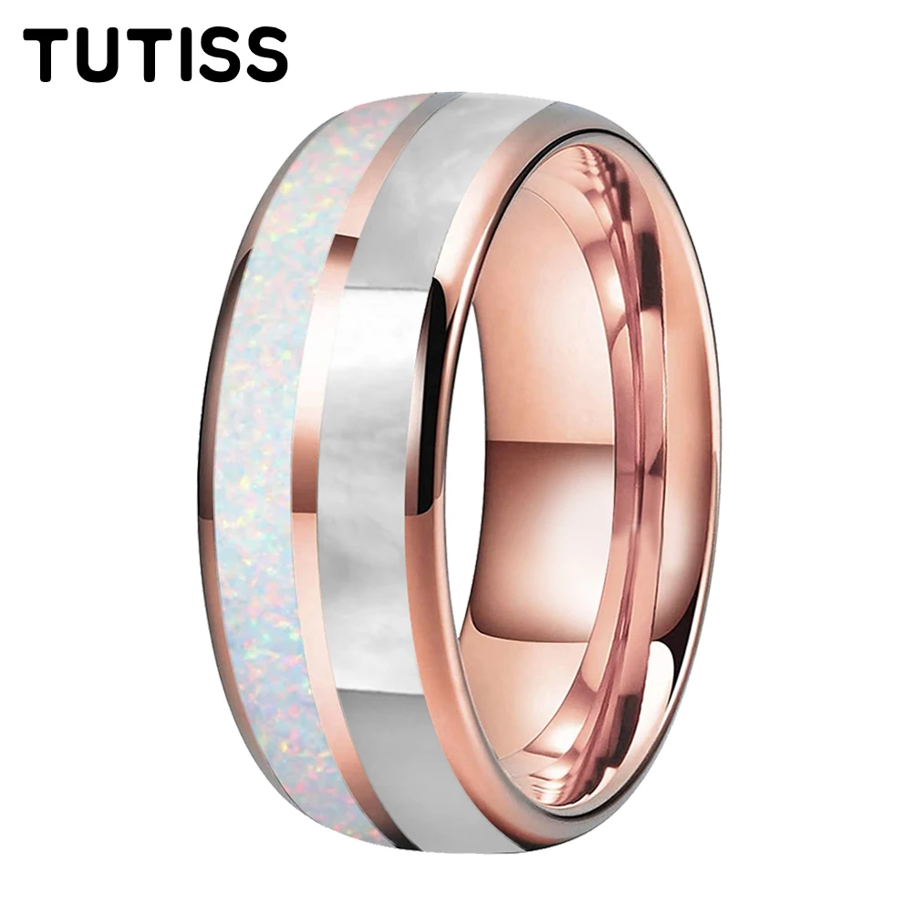 

TUTISS 6MM 8MM Tungsten Ring Dome Double Groove Inlaid With White Opal Stone And Mother Of Pearl Shell For A Comfortable Fit