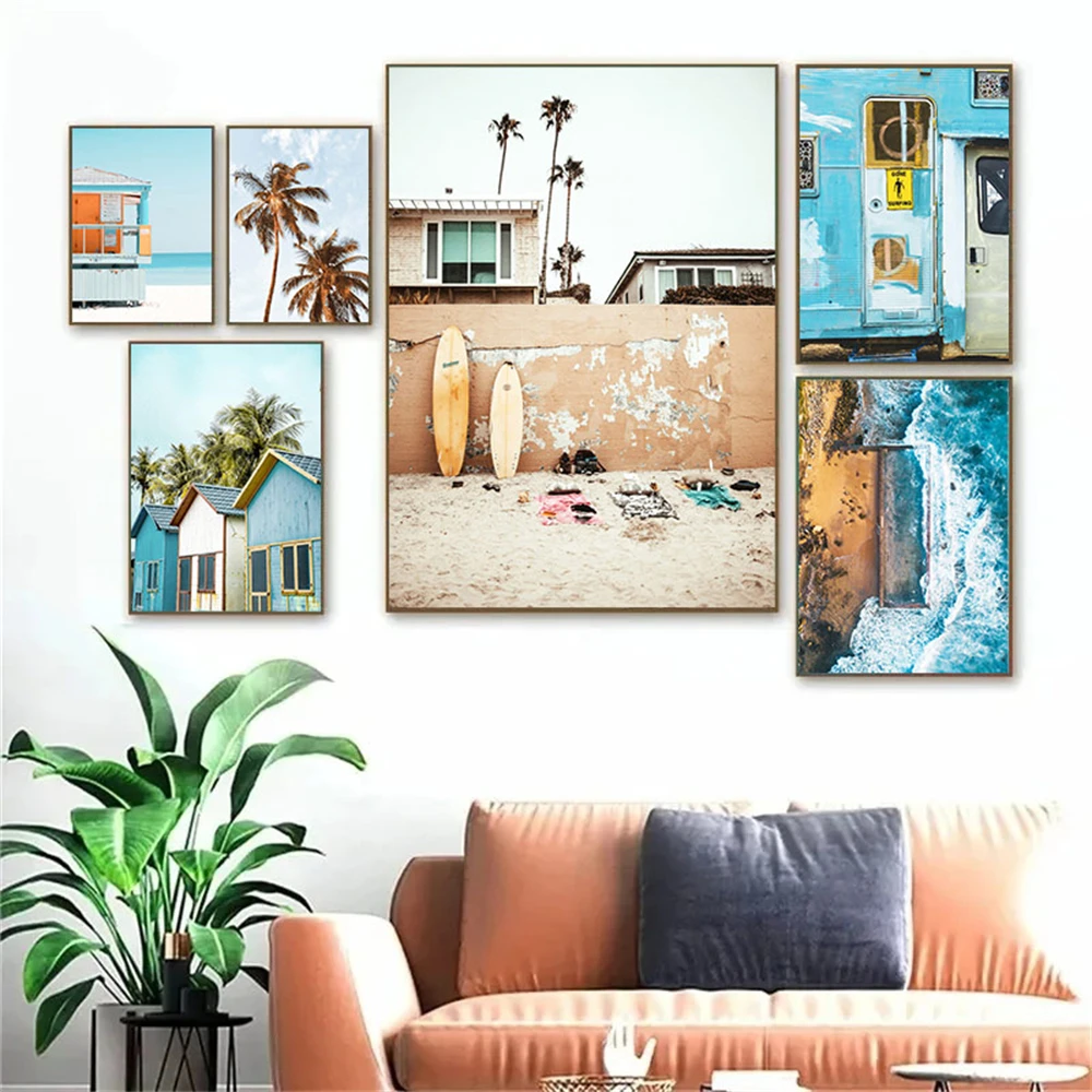 White Waves Sea Beach Canvas Painting Coconut Tree Surfboard Posters And Prints Travel Bus Wall Art Modern Picture Home Decor