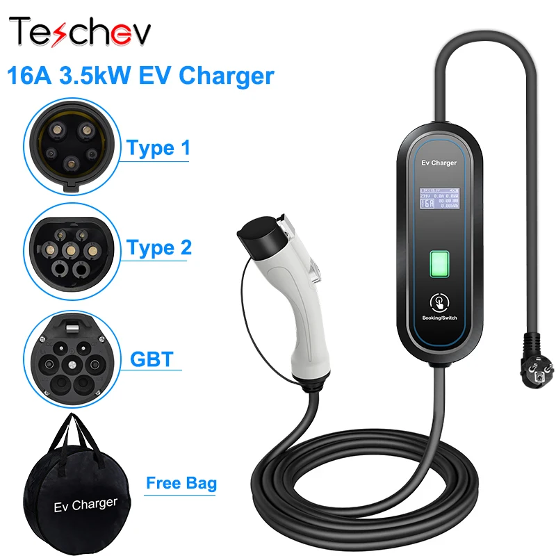 Teschev 3.5KW 16A EV Portable Charger Type2 EVSE Wallbox GBT Electric Car Charger J1772 Type1 Charging Adapter