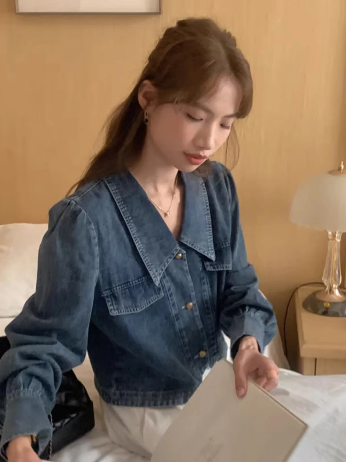 Retro Długi Sweter Jeansowy Damski Sensacja Stylu Elegancki Kołnierzyk Lalki Bufiaste Rękawy Sweter Top Koreański Luźny Krój