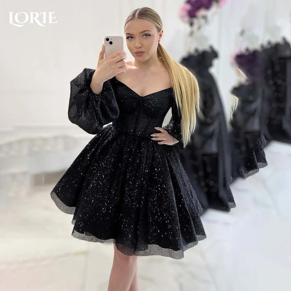 

LORIE Black Shiny Formal Evening Dresses Empire Waist A-Line Puff Sleeves Prom Dresses Mini Sparkly Clebrity Cocktail Gowns 2024