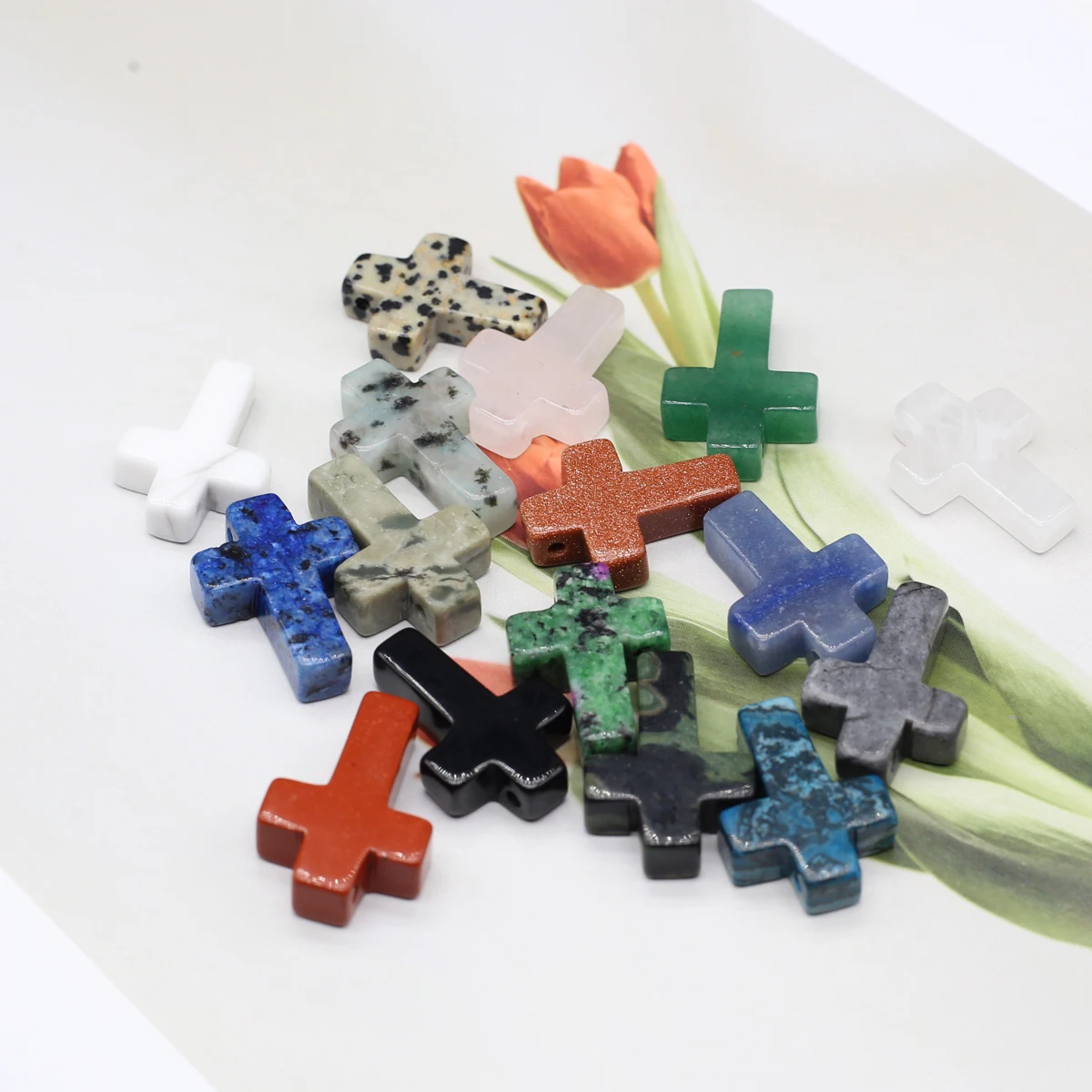 

5pcs/lot Natural Stone Pendant Cross Shape Damation Jasper Clear Quartz Pendant for Making DIY Jewelry Necklace Bracelet 17x24mm