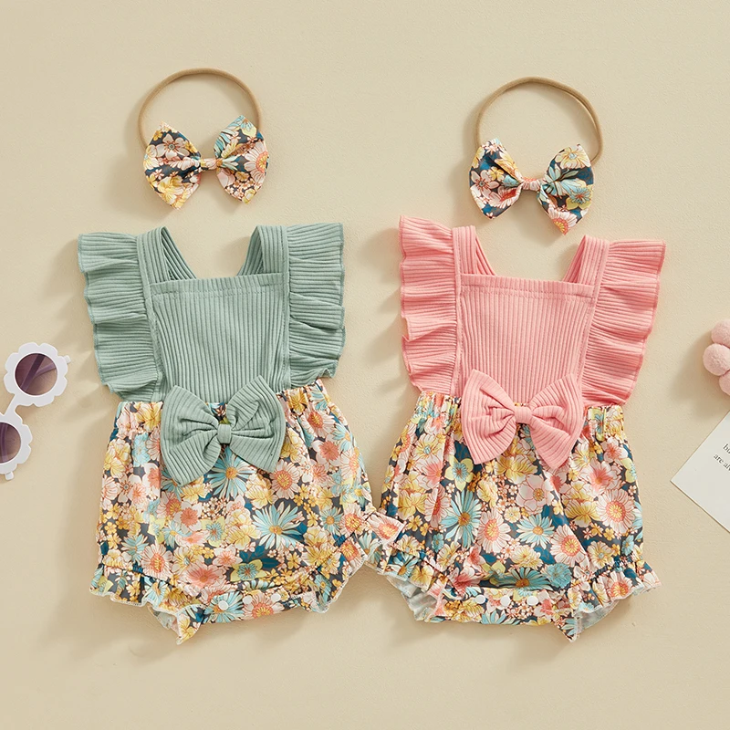 

Summer Newborn Baby Girls Rompers Ribbed Knit Bowknot Floral Print Fly Sleeve Jumpsuit Infant Clothes with Headband