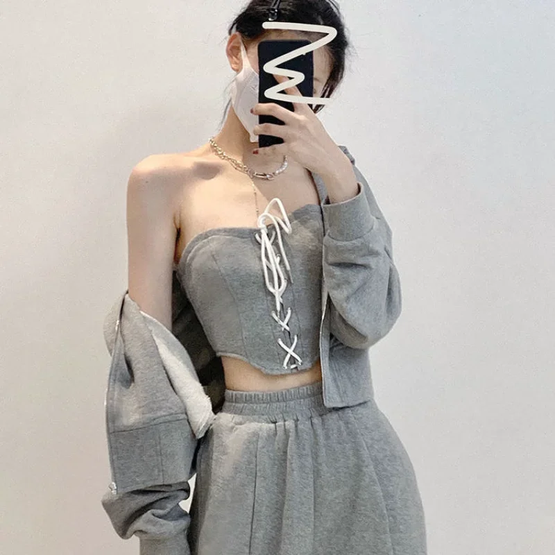 Hikigawa Chic Fashion Women Casual Solid Hoodies Zipper Jackets + Vintage All Match Loose Pants Autumn Y2k 2 Sets Ropa Mujer