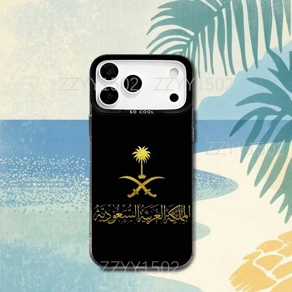 حافظة هاتف بعلم المملكة العربية السعودية لهاتف آيفون 17,16,15,14,13,12,X,8,Pro,Max,Plus,SE4,Air,Mini HD Black IMD Matte #3