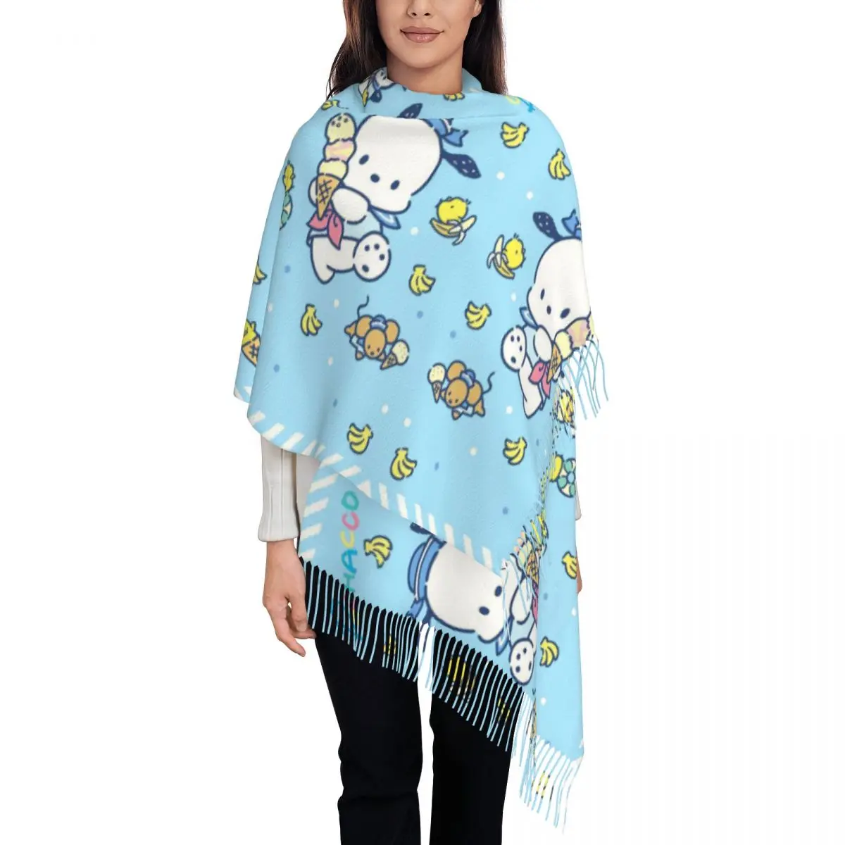 Custom Pochacco Kawaii Cartoons Tassel Scarf Women Soft Shawls Wraps Lady Winter Scarves