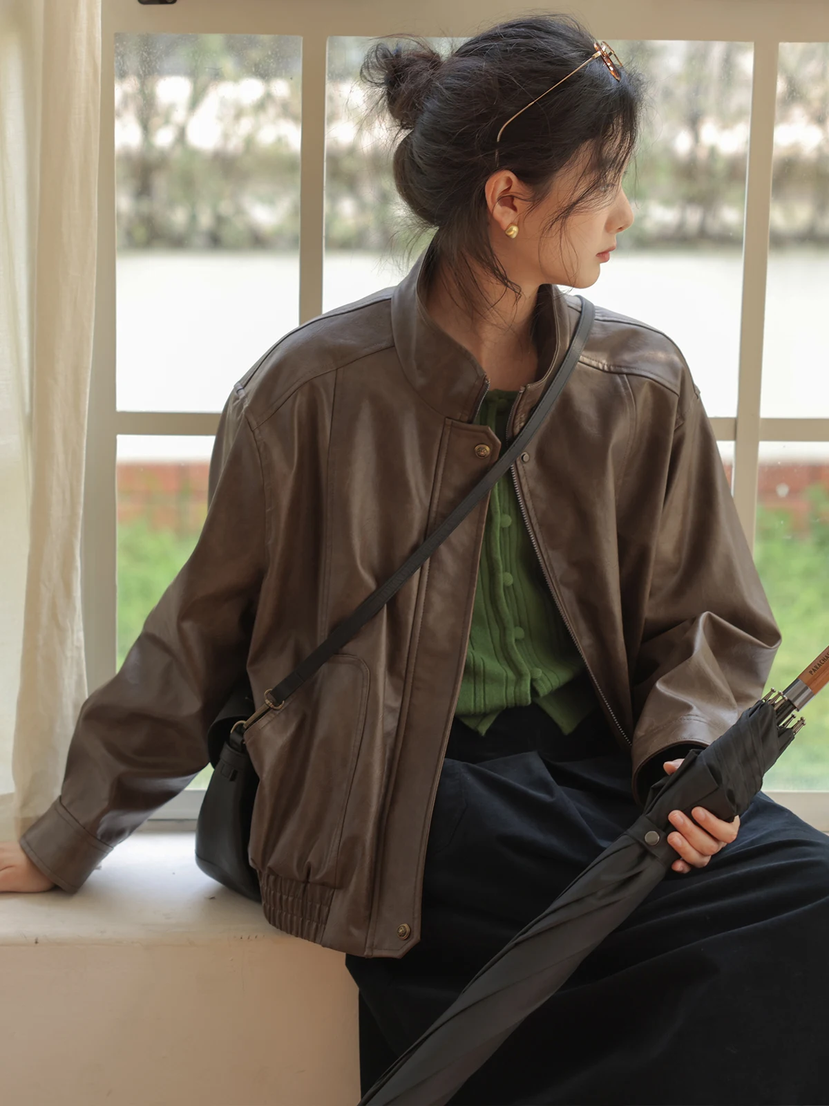 

Solighter Retro Brown ort Leather Jaet Women's Loose Sle Autumn New Arrival Coat Polyester Fiber 50% Other Materials 50%