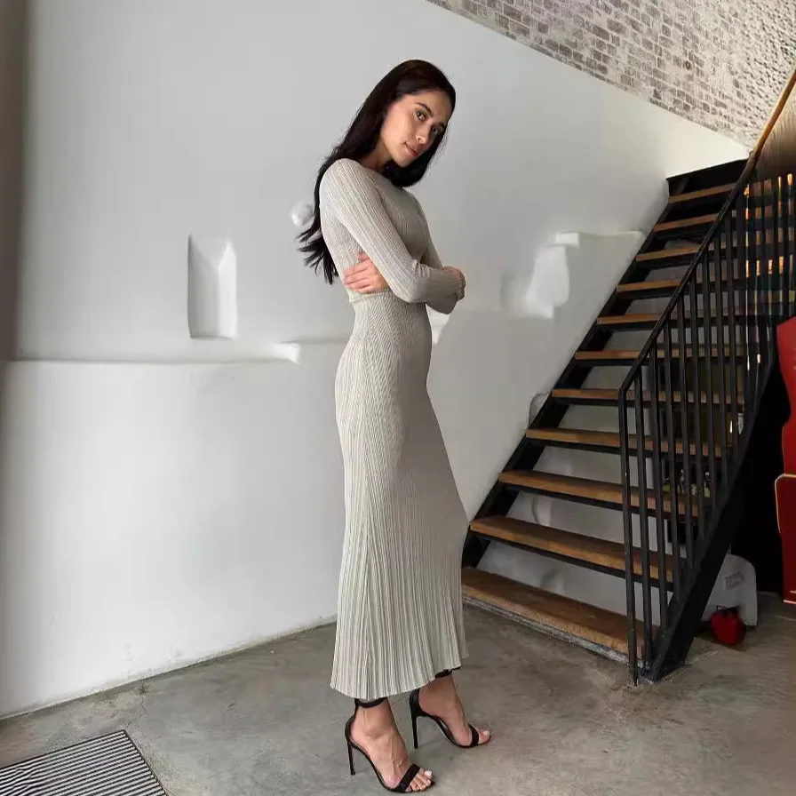 Women Casual Slim Fit Long Sleeve Knitted Long Dress Casual Waistless Striped Maxi Dress Street Holiday Autumn And Winter Dress