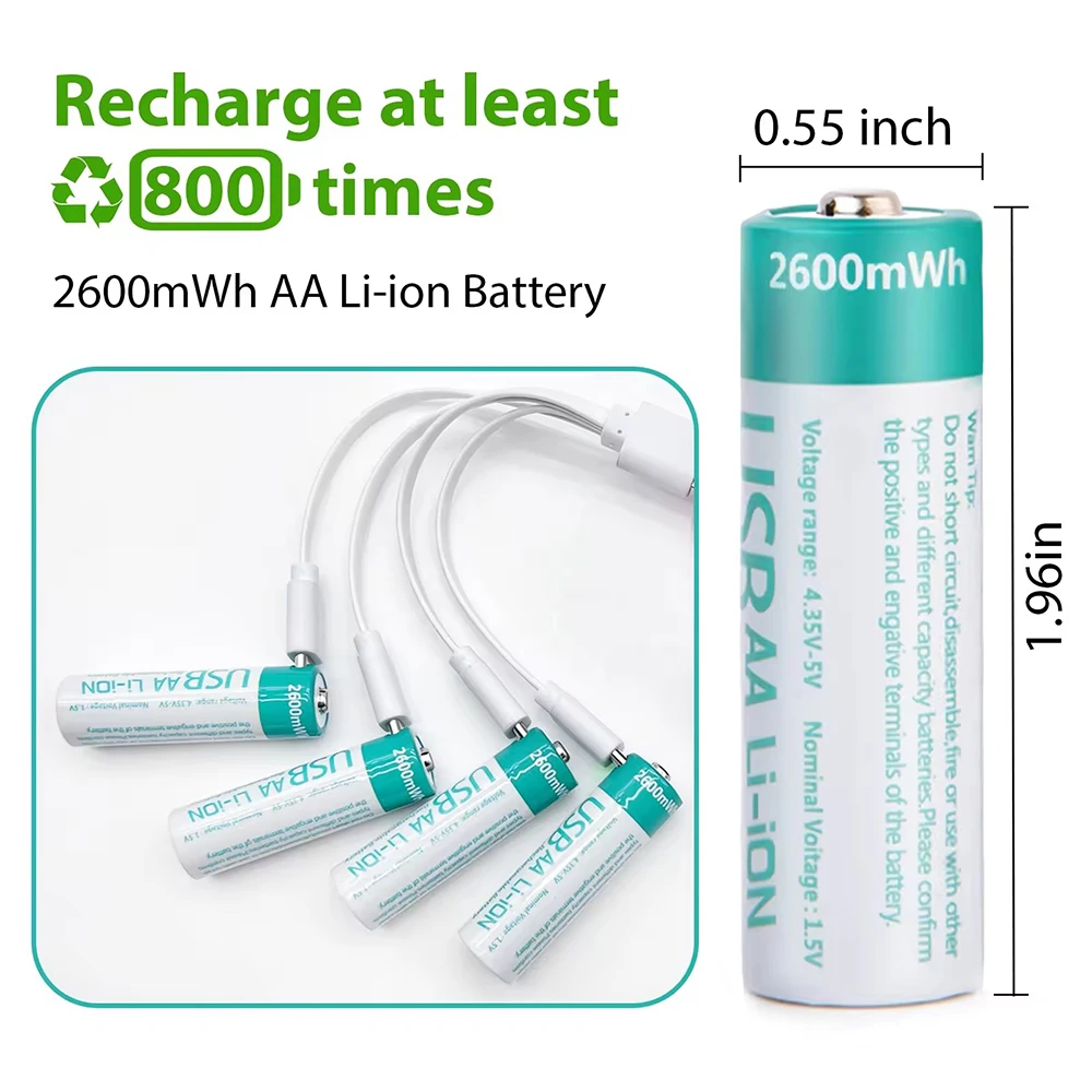 MATOV 1.5V 2600mWh AA Rechargeable Battery USB Type-C Rechargeable aa Lithium Battery for Remote Control Electric Toys Mouse