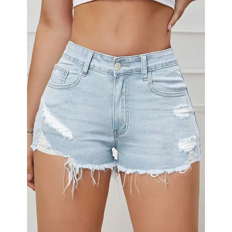 

Summer Trendy Fashion Sexy Woman Thin Ripped Jeans Hot Sale Female Chic Light Blue Short Pants Girls Retro Denim Shorts
