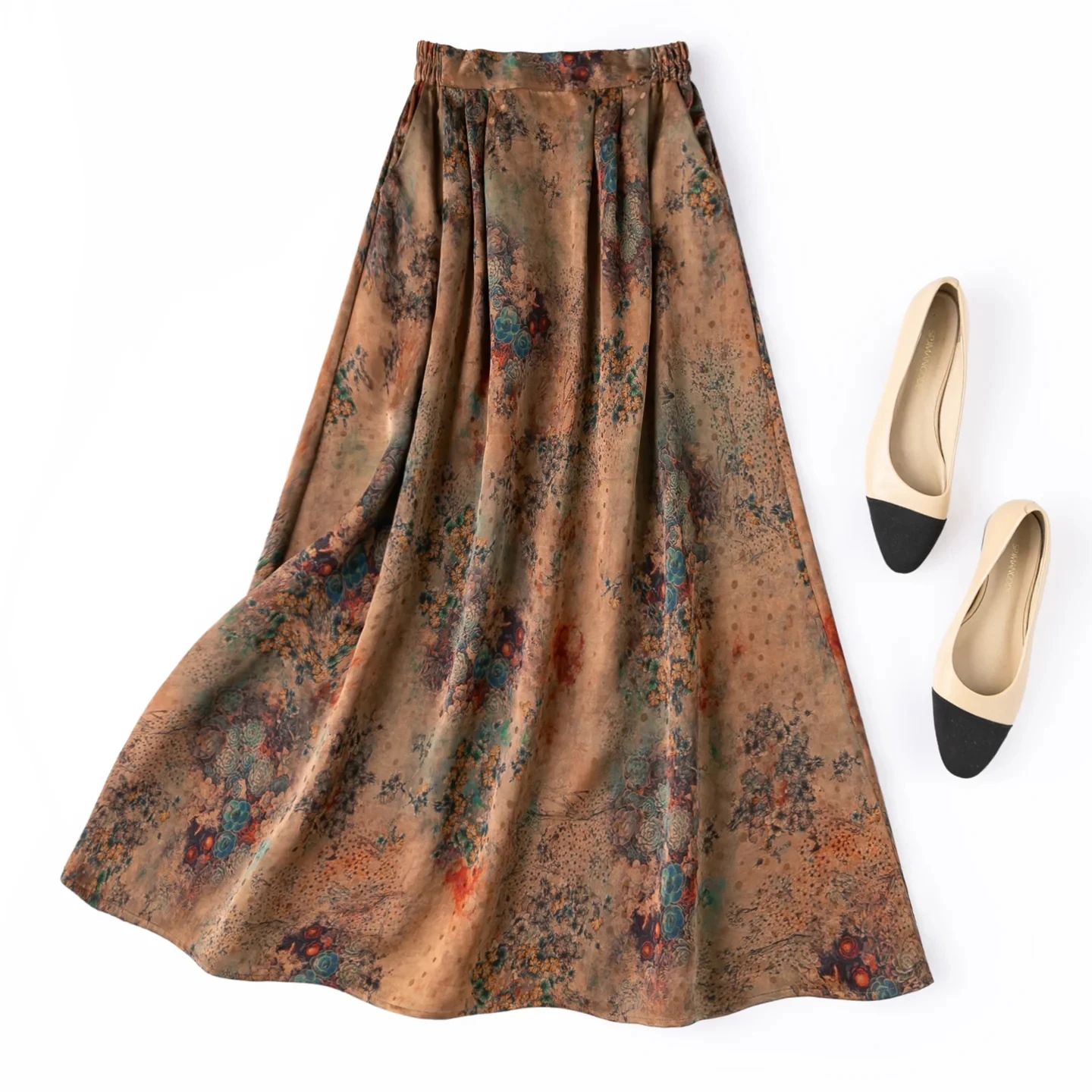 BirdTree-100%Real Silk Watered Gauze Elegant Skirts, Elastic Waist Jacquard, Women Retro A-line Skirt, 2026 Autumn New B69029CC