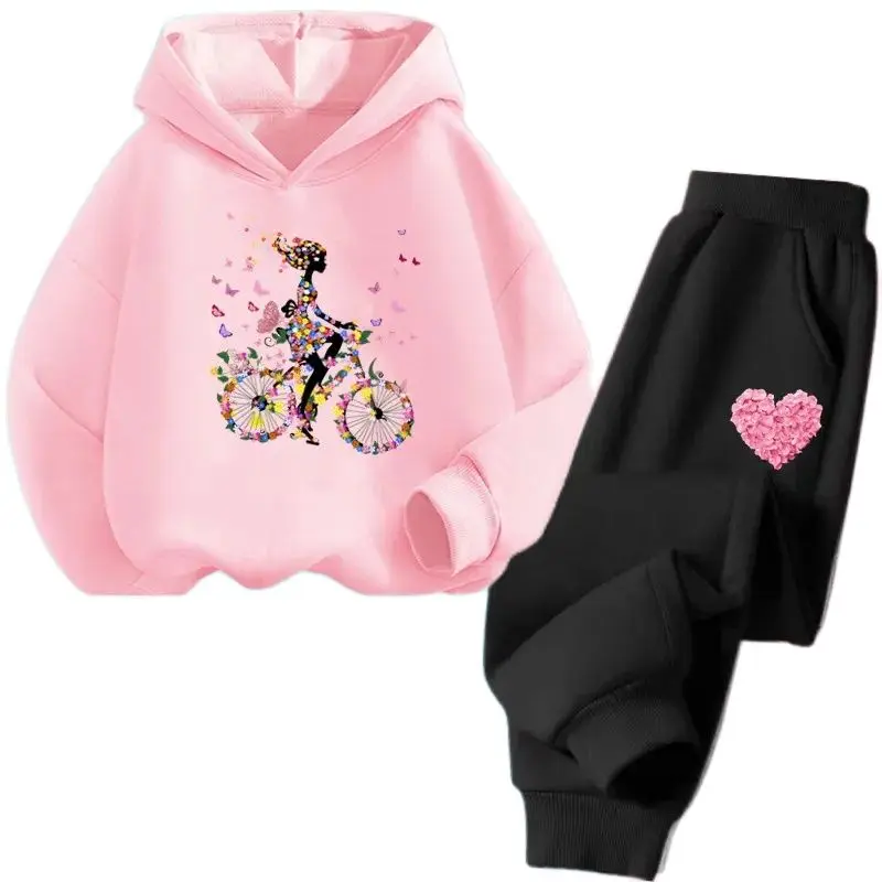 Girls 3-14 Years Old Beautiful Clothes Pullover Kids Butterfly Girl Print Hoodie Top + Pants 2 Pieces Cute Sunny Sports Suit