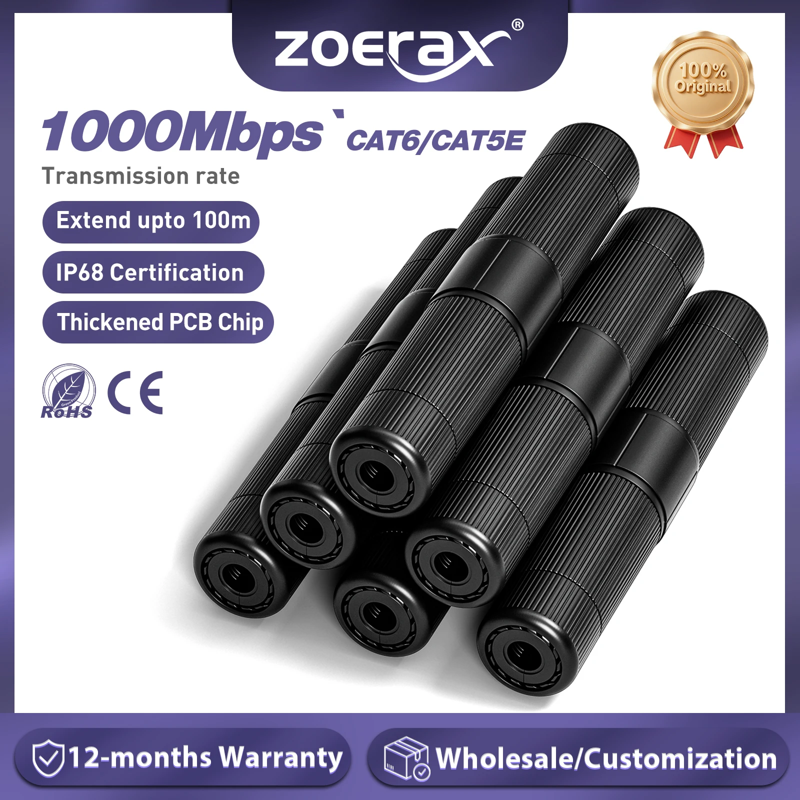 Złącze wodoodporne ZoeRax RJ45 IP68, CAT6/CAT5e/CAT5 żeńskie-żeńskie, 8-pinowe do zewnętrznych kabli Ethernet LAN