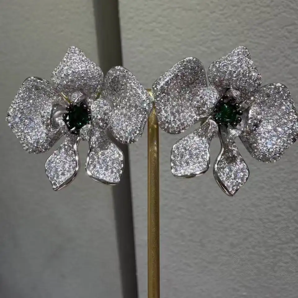 big orchid flower stud earring 925 sterling silver with cubic zircon cute romantic fine women jewelry