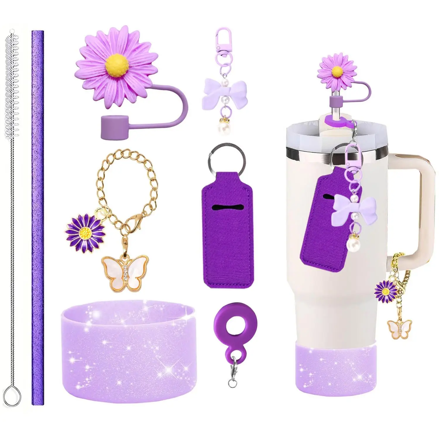 Sunflower Straw Topper And Glitter for Silicone Sleeve Set with Straw Brush And Butterfly Sunflower Cup Chain Accessory for Stan