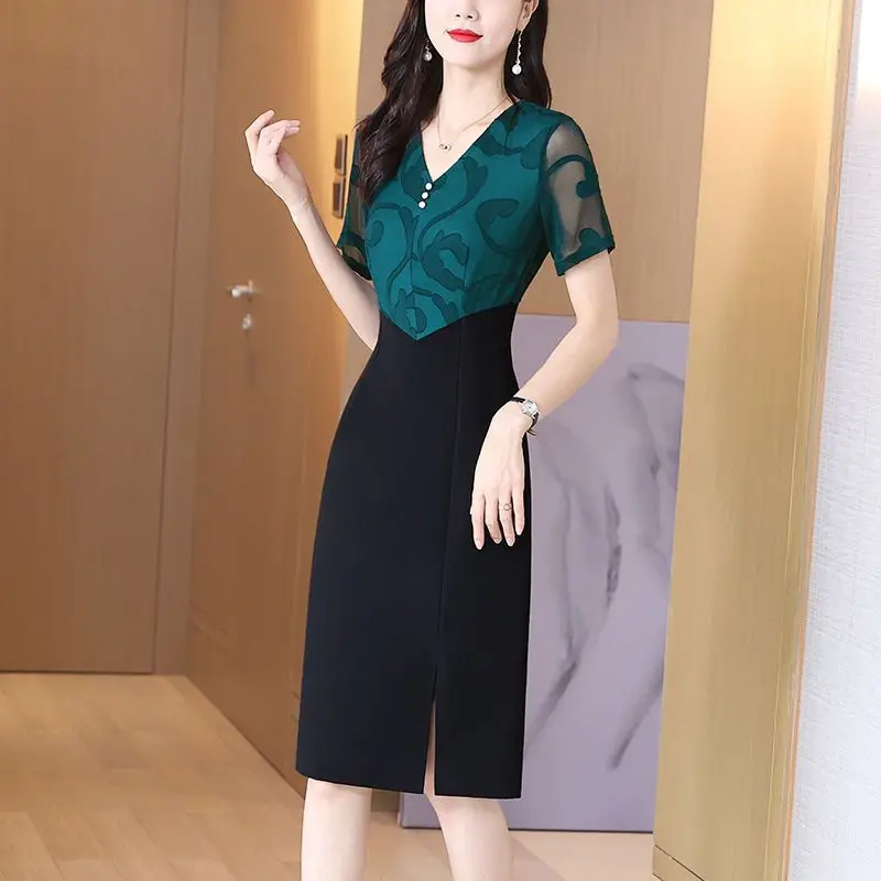 Imagem -02 - Elegante em Retalhas Feminino com Decote em v Vestido Midi Manga Curta Robe Monocromático Linha a Roupas Femininas Estampada de Moda Verão Novo 2023