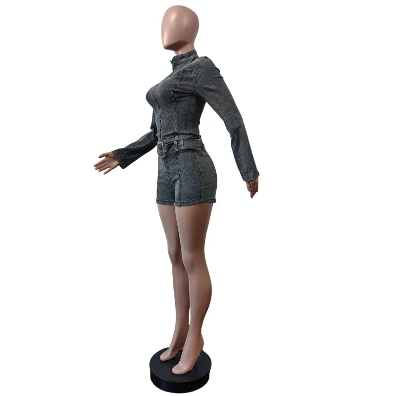 

Новый женский джинсовый костюм - пиджак с длинными рукавами на пуговицах и облегающие шорты, осенний комплект из двух предметов для женщин