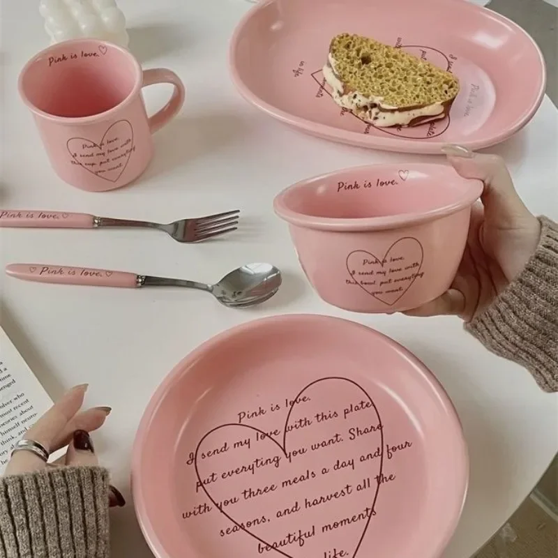 Korean Style Ins Girl Heart Pink Love Ceramic Tableware Set with English Letters and High Aesthetic Value Bowls Plates and Plate