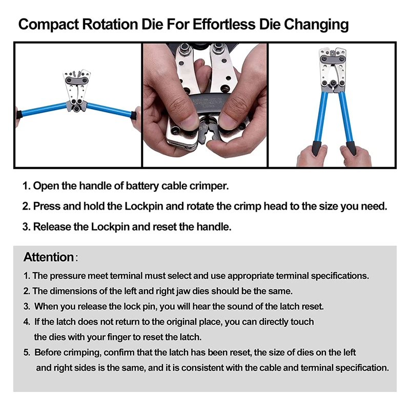 Battery Cable Lug Crimp Tool For AWG 10, 8, 6, 4, 2, 1 Terminal And 60 Piece 8Specs Cable Lug Kit