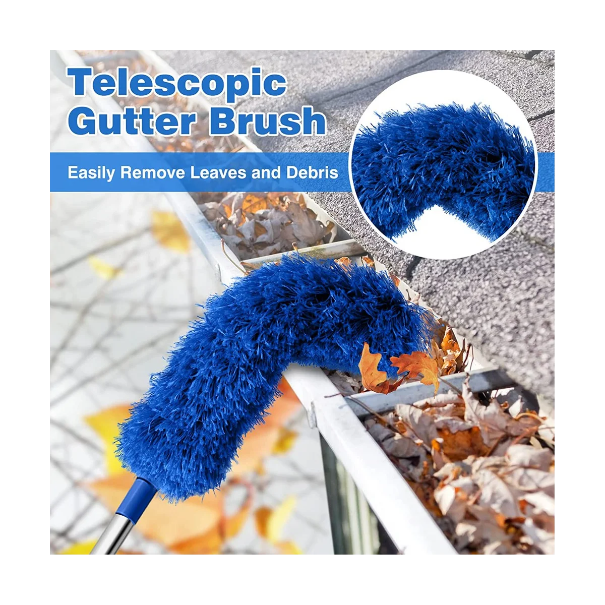 Gutter Cleaning Brush Roofing Tool with Telescopic Extendable Pole 8.2Ft Guard Cleaner Tool Easy Remove Leave, blue