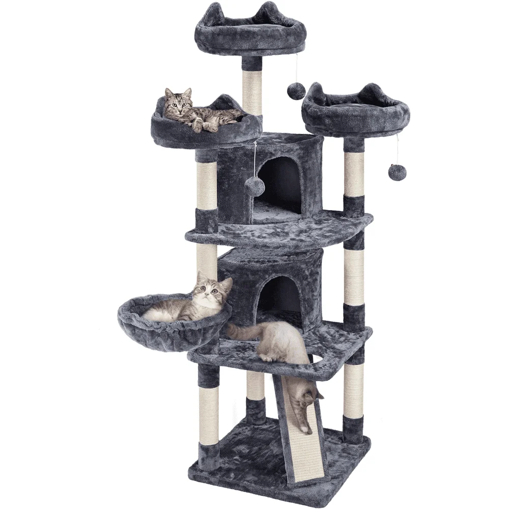 

Large Cat Tree Plush Tower with Caves Condos Platforms Scratching Board, Dark Gray