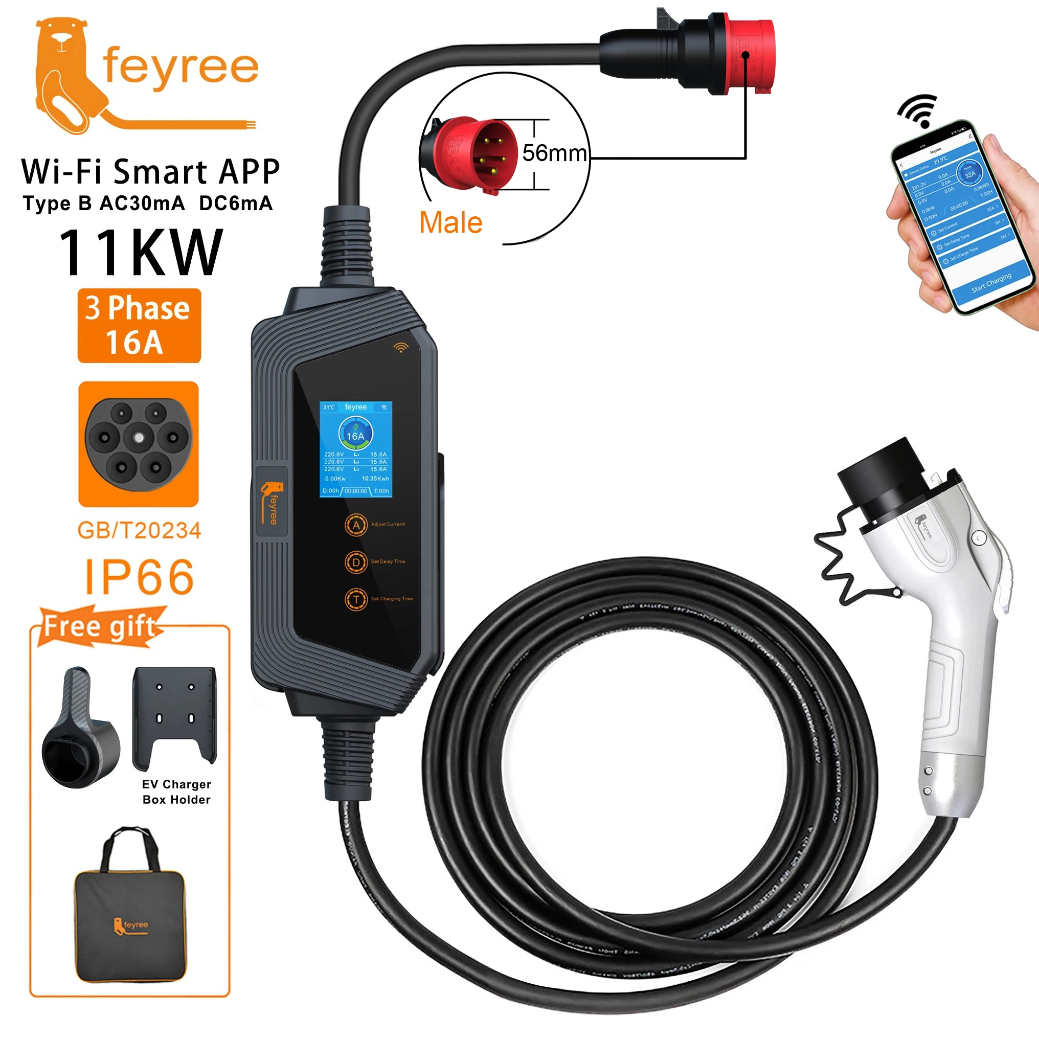 feyree GBT Cord 11KW 16A 3Phase EV Portable Charger APP WIFI Control EVSE Charging Box 5m Cable CEE Plug for Electric Vehicle