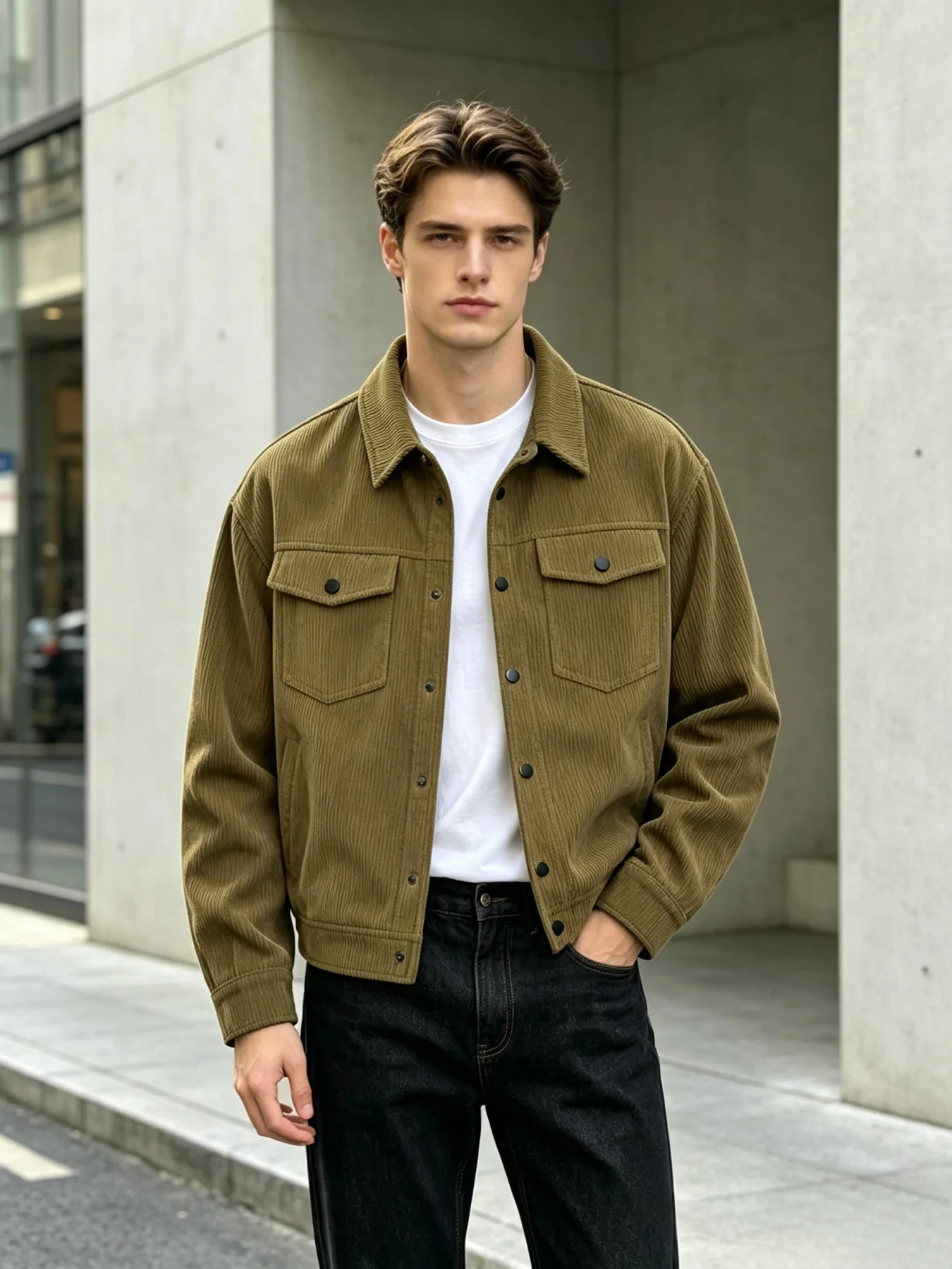 Men's Vintage Corduroy Jacket Casual Loose Fit Trucker Coat Turn-Down Collar Button Down Work Jacket With Chest Pockets Spring A
