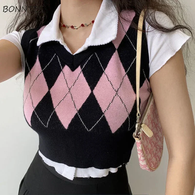 Suéter de estilo Preppy para Mujer, chaleco Vintage de punto Delgado, rombos recortados, estudiantes, dulce americano-retro, escuela de Primavera,