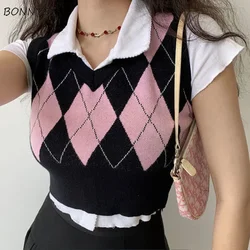 Sweater Vest Women Preppy Style Vintage Slim Knitted Argyle Cropped Students Sweet American-retro Spring School Classic Mujer