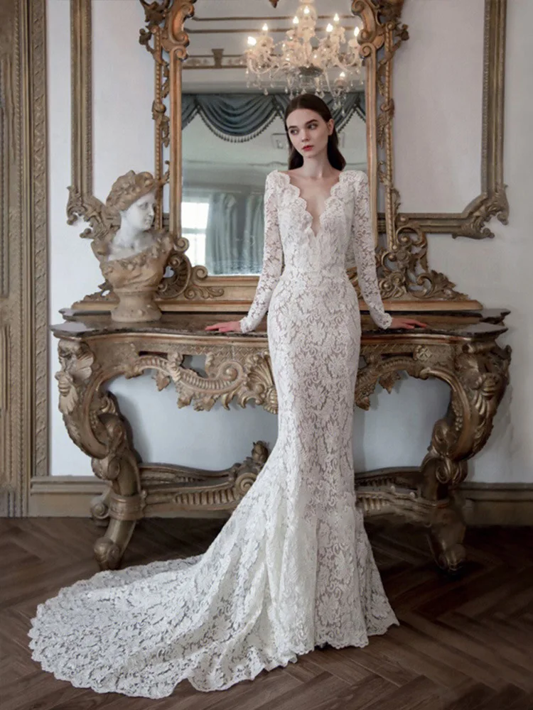 Corea Lace Appliques Mermaid Court abiti da sposa abiti da cerimonia Vintage a maniche lunghe abito da sera