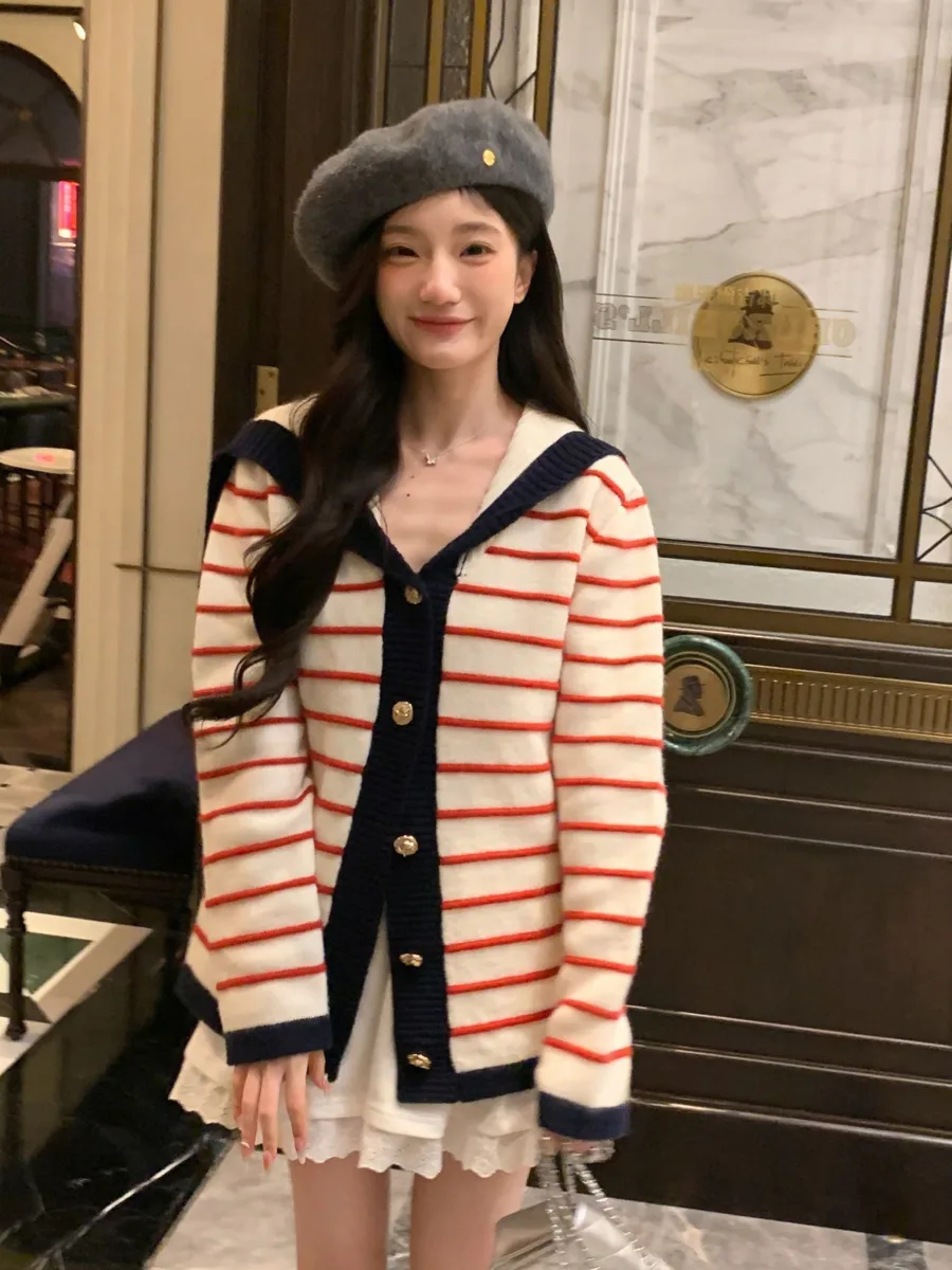 Chic Sailor Collar Single-breasted Knitted Cardigan Women Lapel Striped  Sweater Autumn Retro Casual Long Sleeve Coat