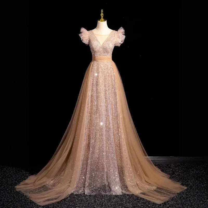 Champagne Gold Sparkling V neck Evening Dress 2026 New For Annual Meeting Host Voice Solo Vocal Art Exam Custom Wedding Dress