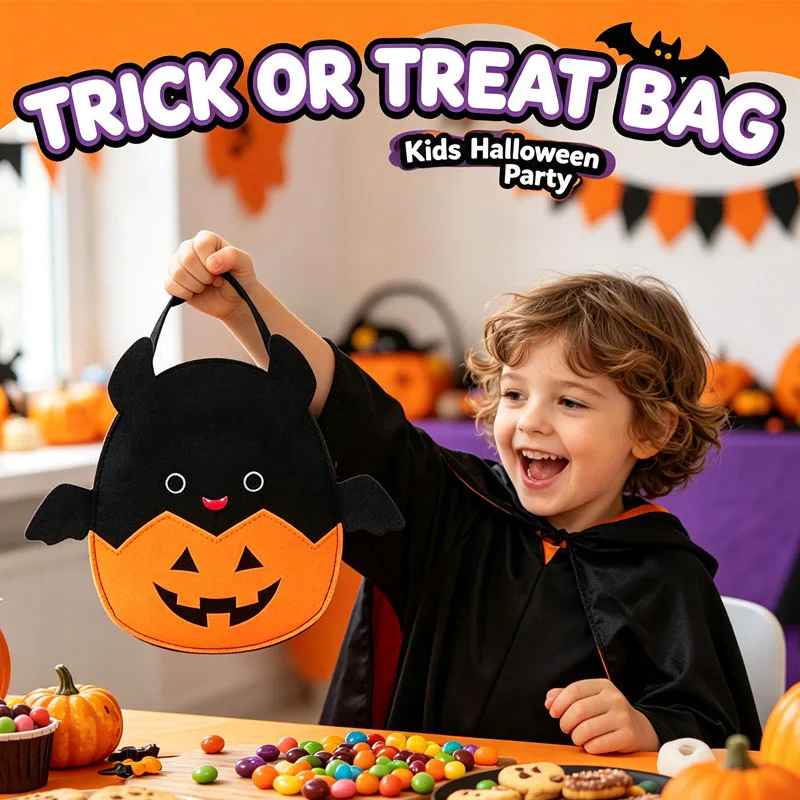 Halloween Bat Pumpkin Candy Basket, Multi-Purpose Reusable Felt Trick-or-Treat Tote Bag for Kids Party Gift & Favor