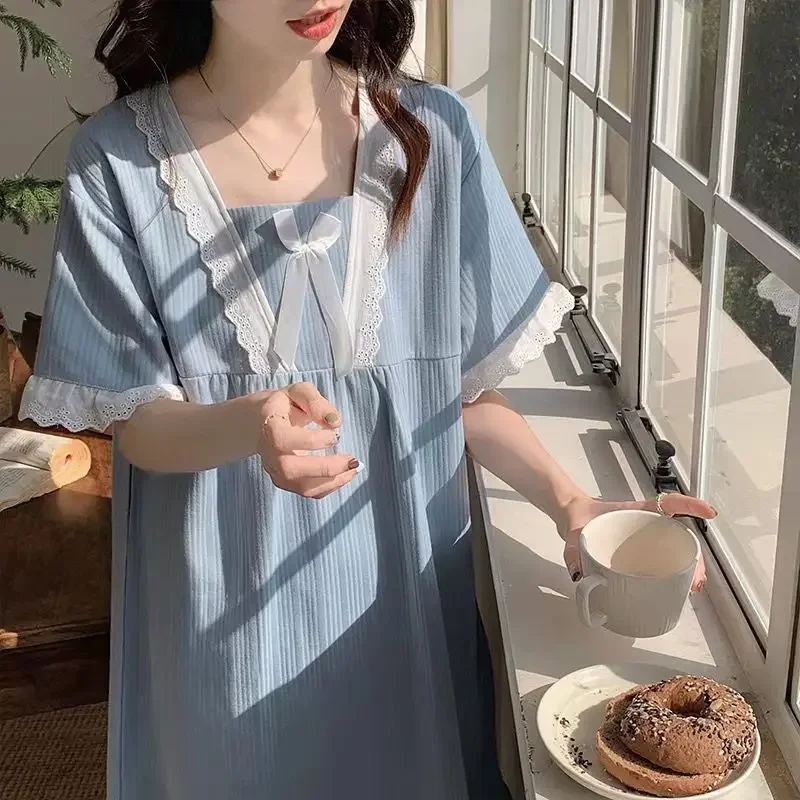 Sweet Pajamas Dresses Sleepwear Korean Fashion Nightdress Lingeries for Woman Short Sleeve  Lace Patchwork Summer Nightie