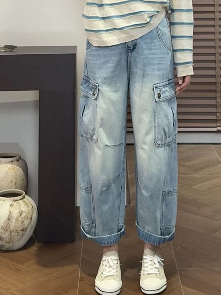 

Multi pocket fashionable workwear jeans for women in spring new loose high street wide leg nine cropped pants trend