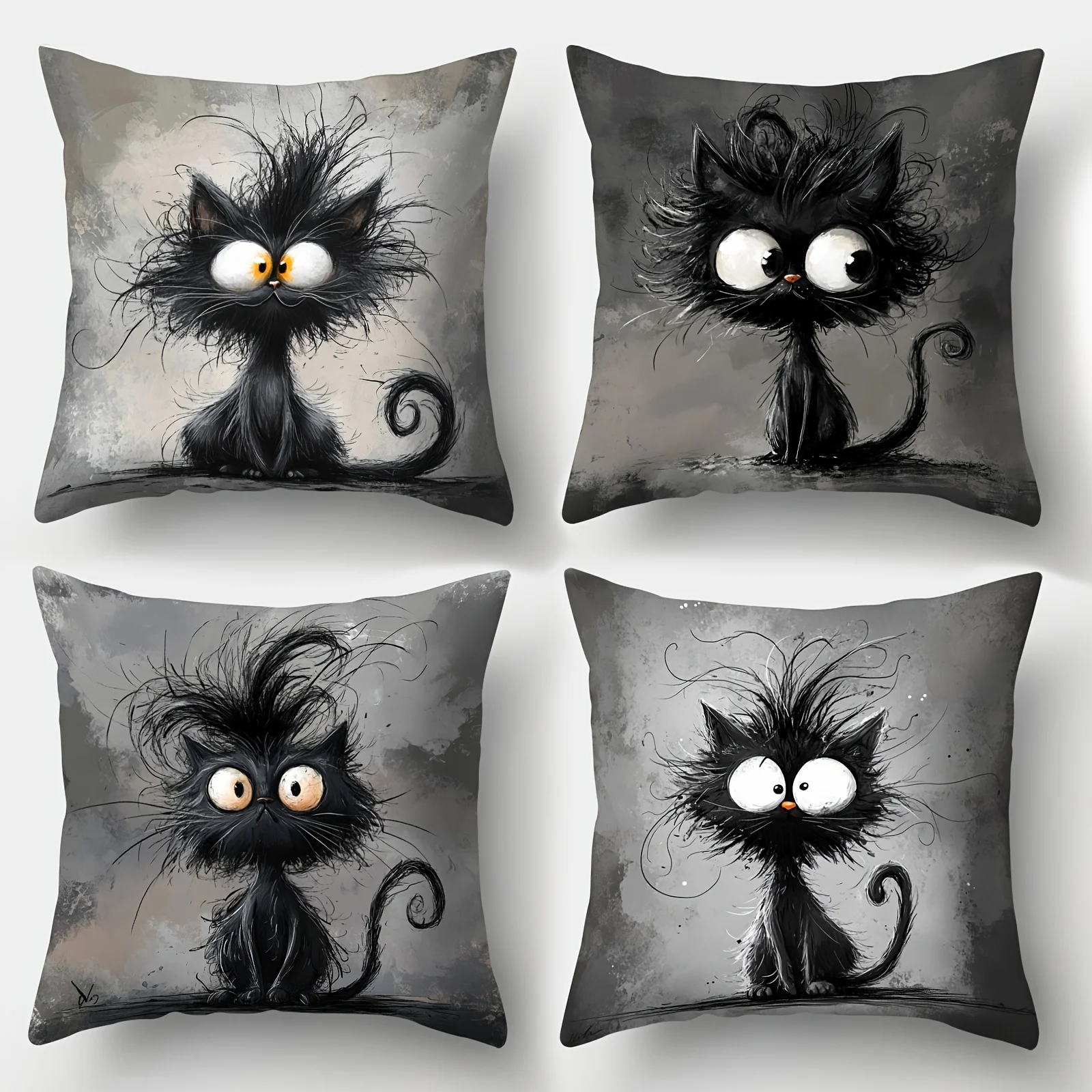 

4Pcs, Quirky Black Cat Pillow Covers, Single-Sided, Zipper Closure, Washable Polyester - Perfect for Sofa, Living Room, Bedroom Decor, Decorative Pillows.