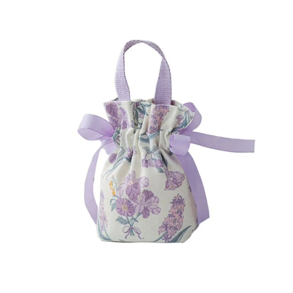 

Ribbon Bow Canvas Flower Drawstring Bag Floral Wedding Small Flower Wrist Bag Candy Storage Pearl Handle Bowknot Handbag Outdoor